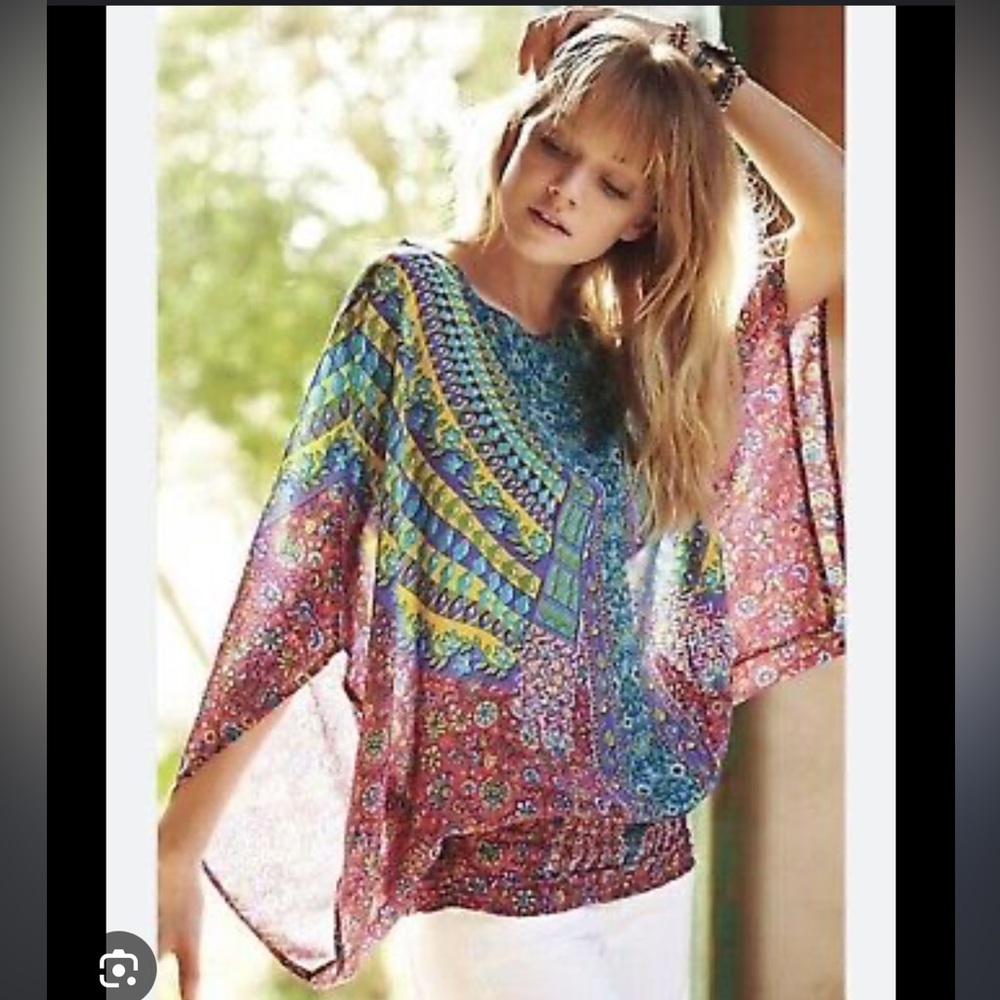 Tolani Womens Medium Silk Multicolor Smocked Waist Kimono Sleeve Blouse Top